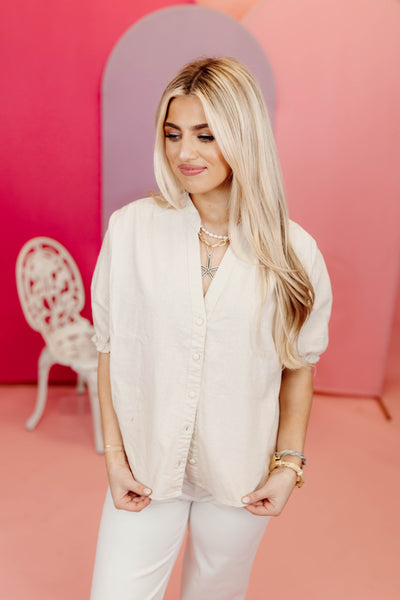 Taupe Short Sleeve Button Down Linen Top