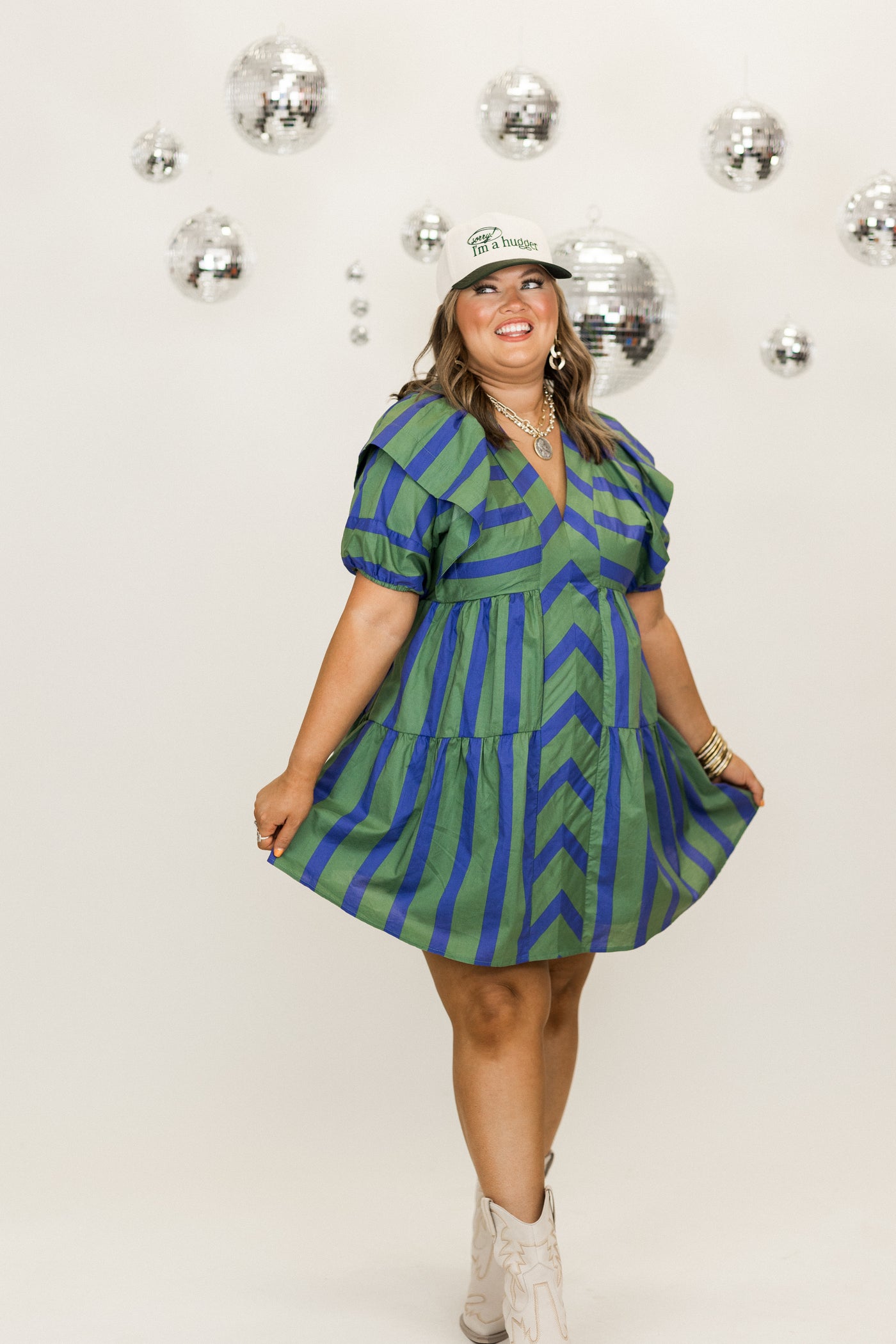 Green Multi Mix Striped Puff Sleeve Mini Dress