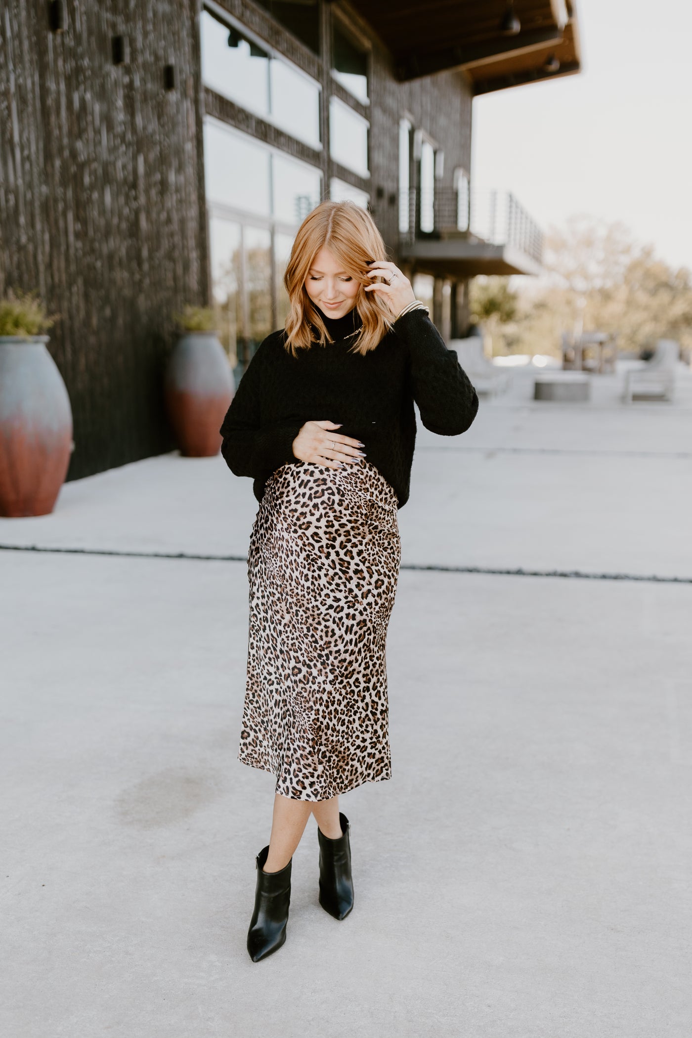 Leopard Beige Satin Midi Skirt