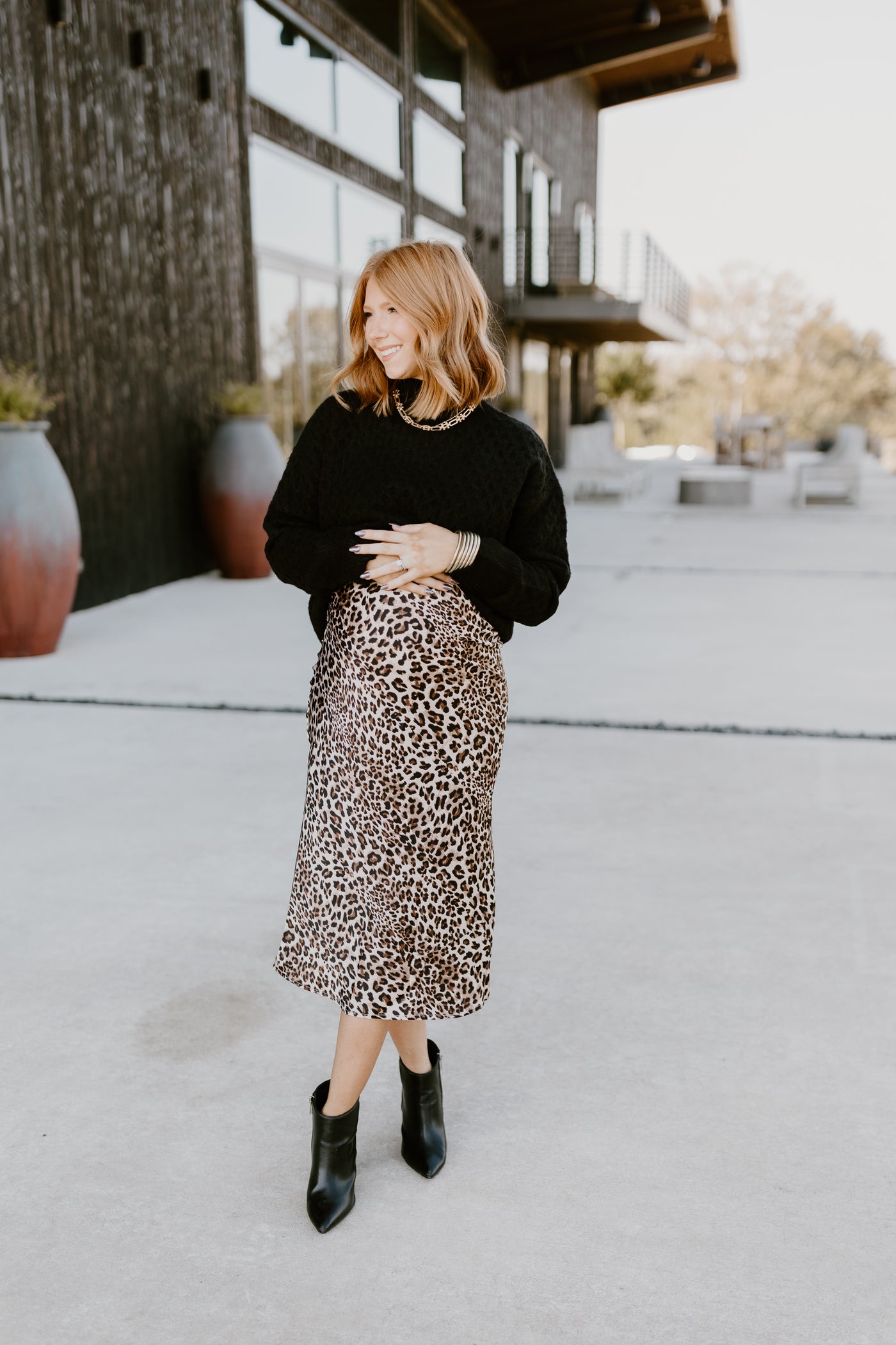 Leopard Beige Satin Midi Skirt