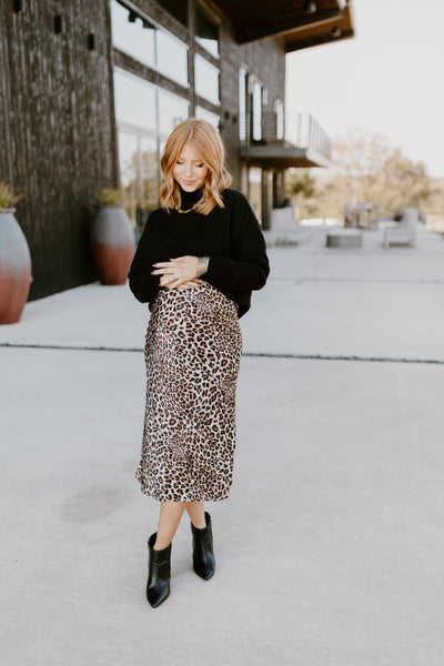 Leopard Beige Satin Midi Skirt