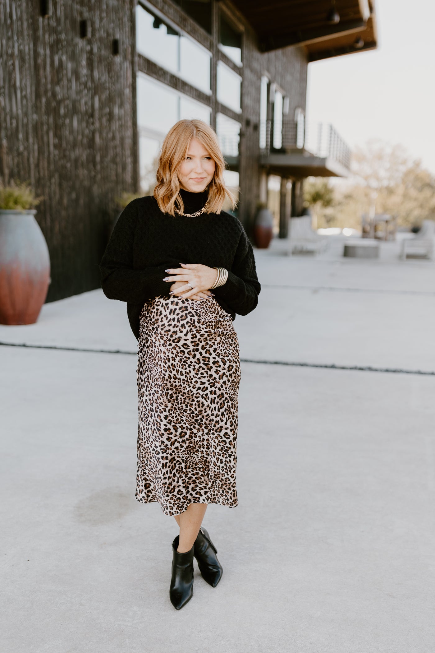 Leopard Beige Satin Midi Skirt