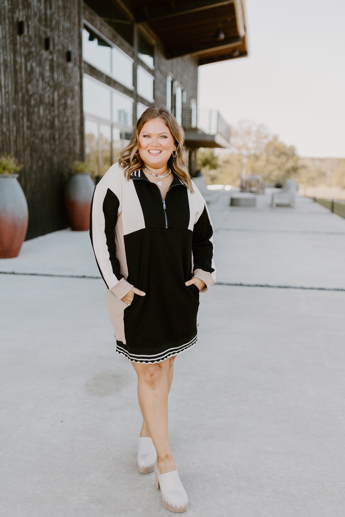 Black Colorblock Long Sleeve Collared Mini Dress