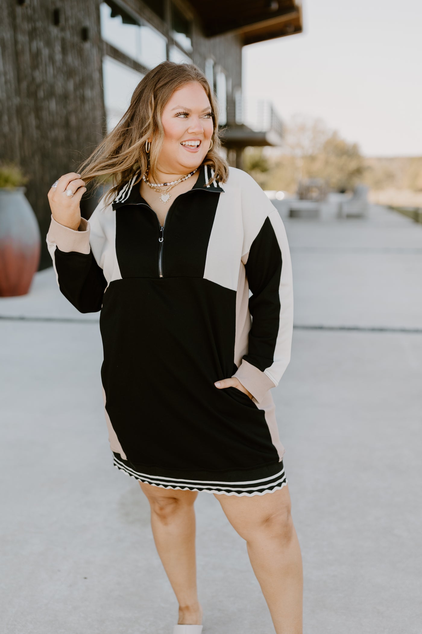 Black Colorblock Long Sleeve Collared Mini Dress