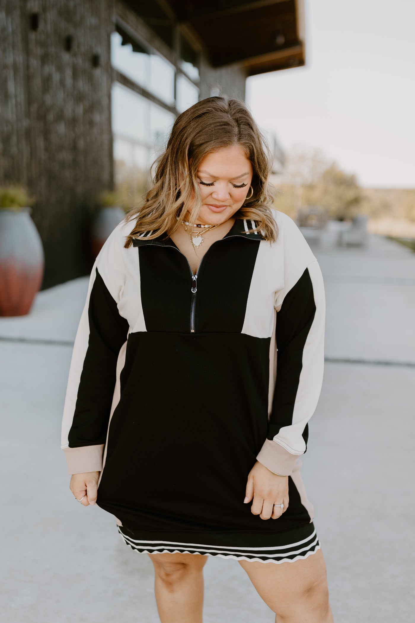 Black Colorblock Long Sleeve Collared Mini Dress