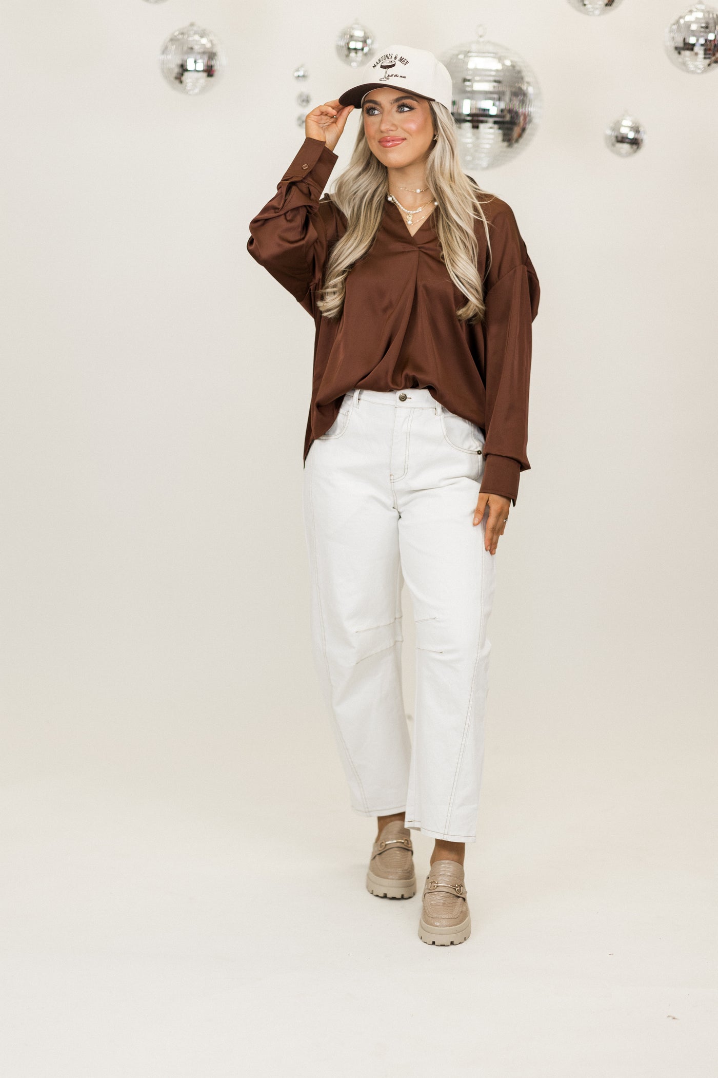 Chestnut Collared Notch Neck Long Sleeve Blouse