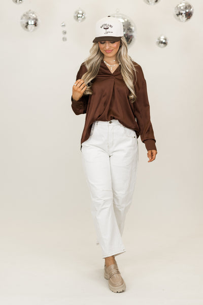 Chestnut Collared Notch Neck Long Sleeve Blouse