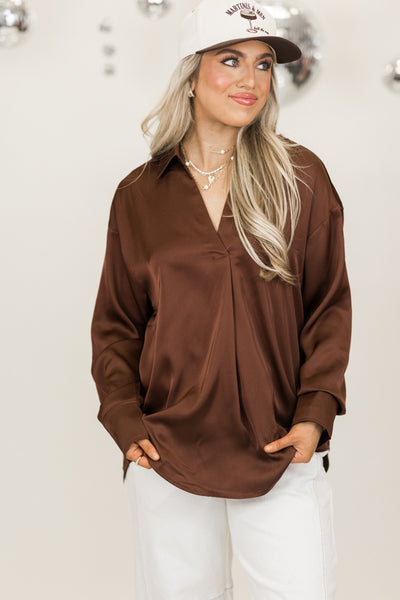 Chestnut Collared Notch Neck Long Sleeve Blouse