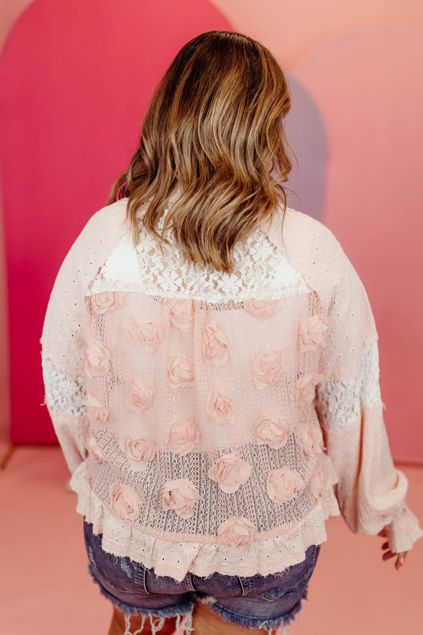 Strawberry Yogurt Eyelet Detail Pearl Beaded Flower Blouse