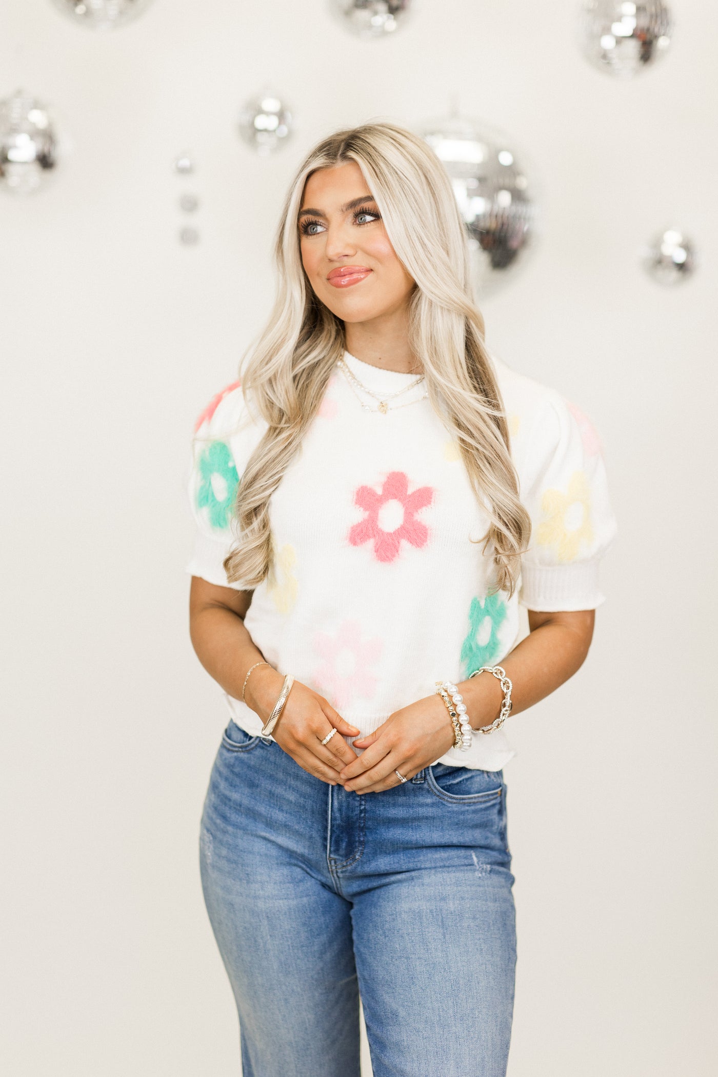 White Floral Embroidered Puff Sleeve Sweater Top