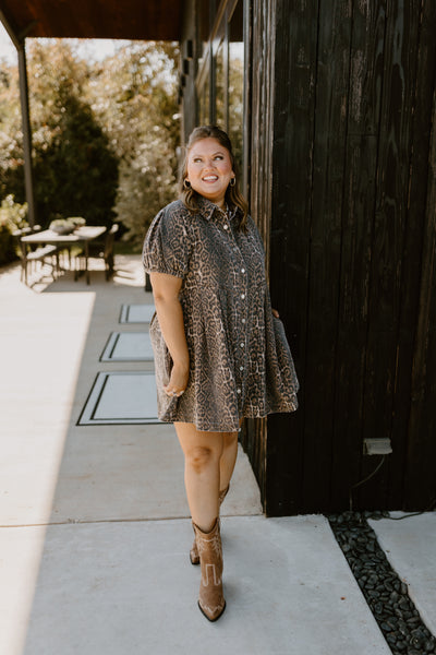 Brown Cheetah Collared Button Down Dress