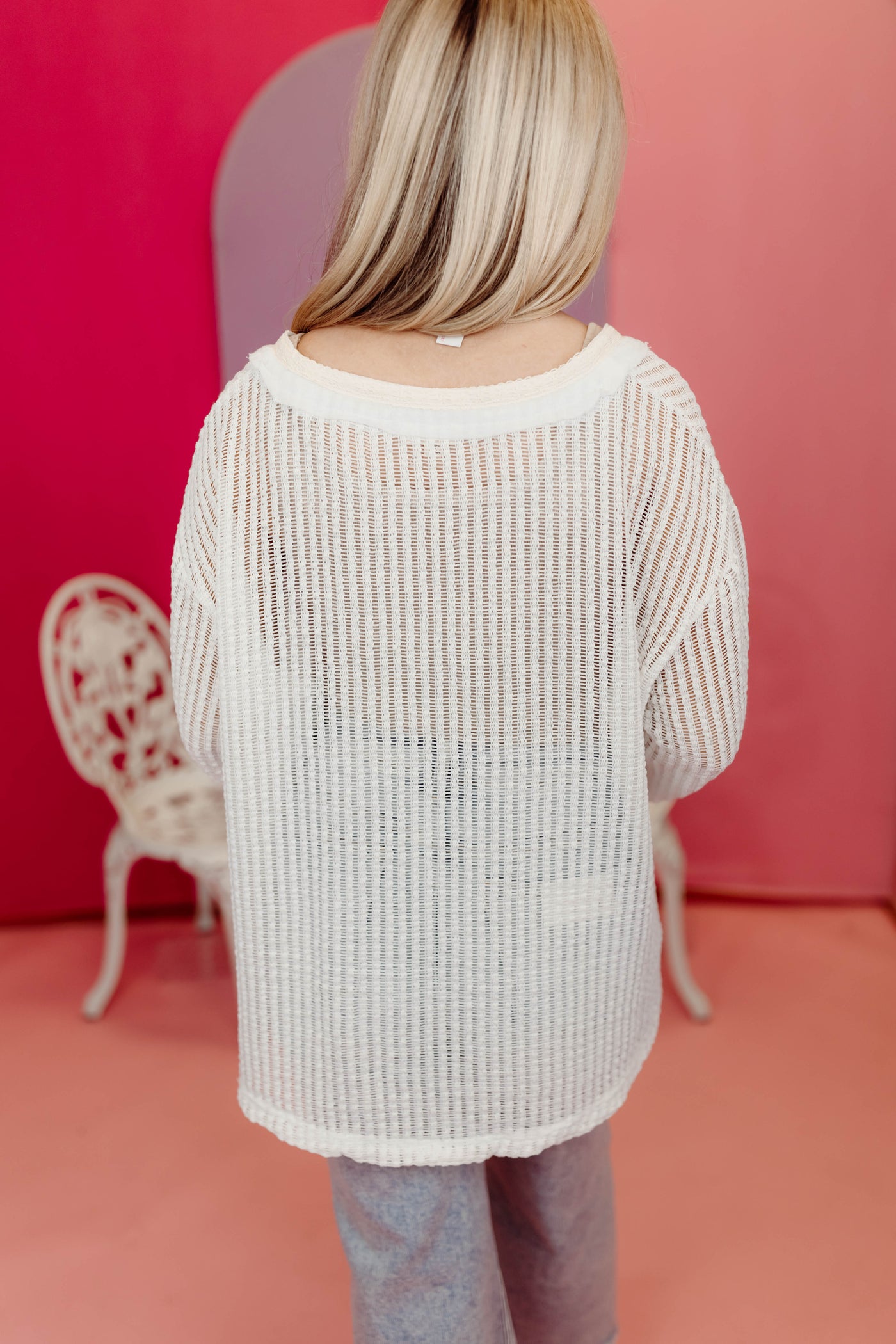 Off White Crochet V-Neck Long Sleeve Button Top