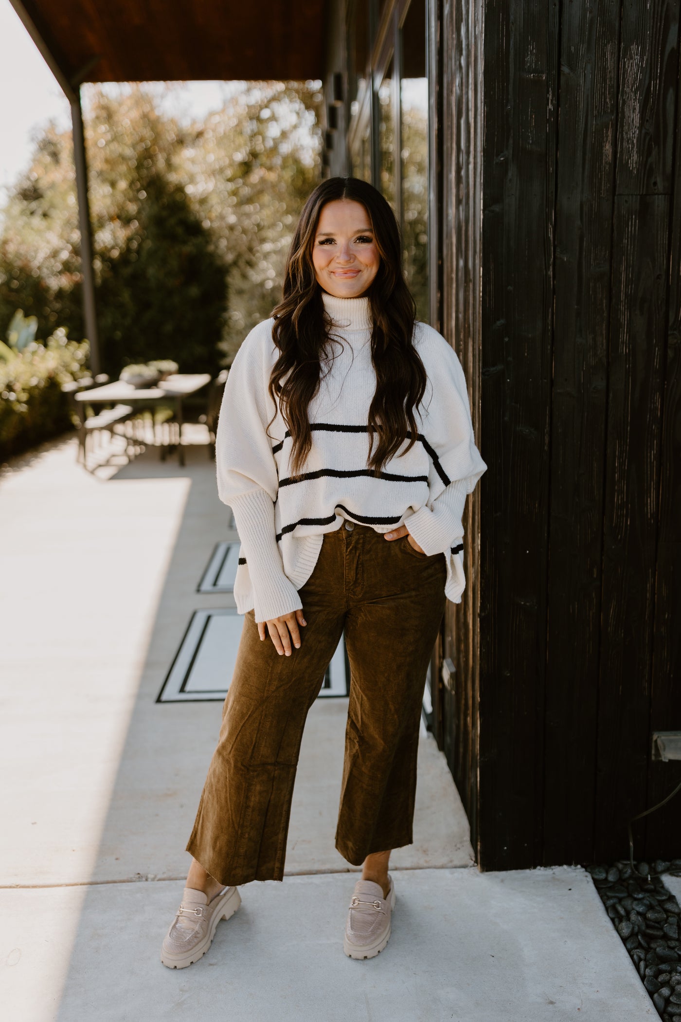 Warm White Striped Turtleneck Oversized Sweater