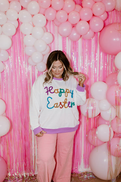 White Multicolor Happy Easter French Terry Pullover