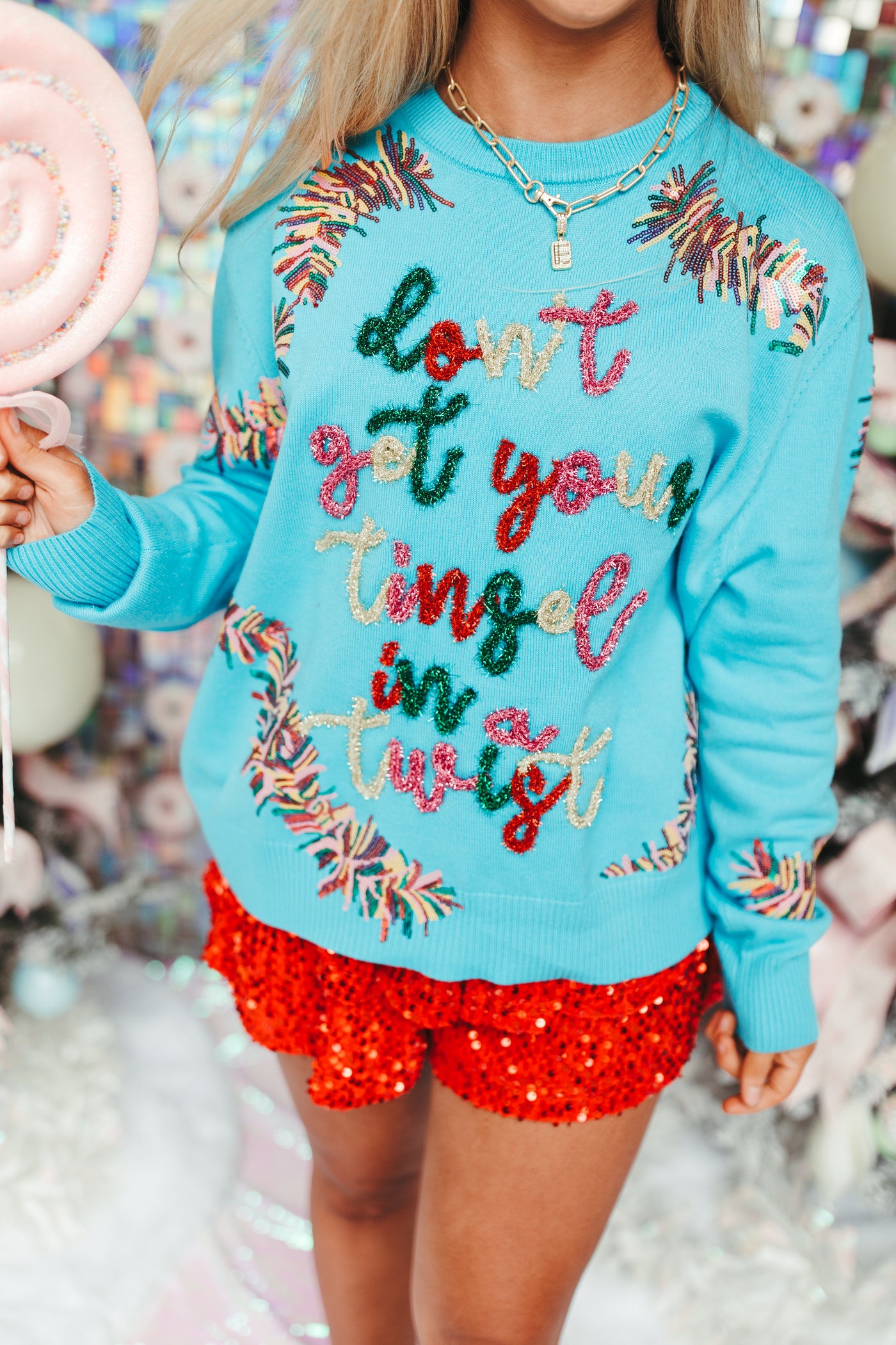Queen Of Sparkles Aqua 'Don't Get Your Tinsel In a Twist" Sweater
