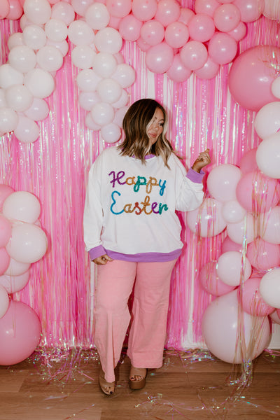 White Multicolor Happy Easter French Terry Pullover