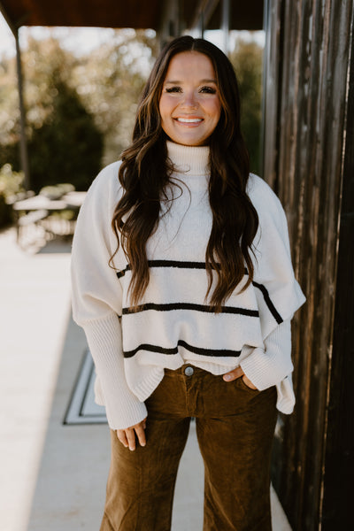 Warm White Striped Turtleneck Oversized Sweater