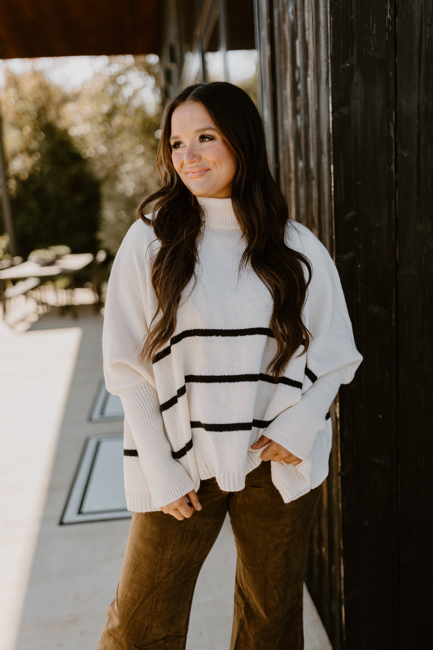 Warm White Striped Turtleneck Oversized Sweater