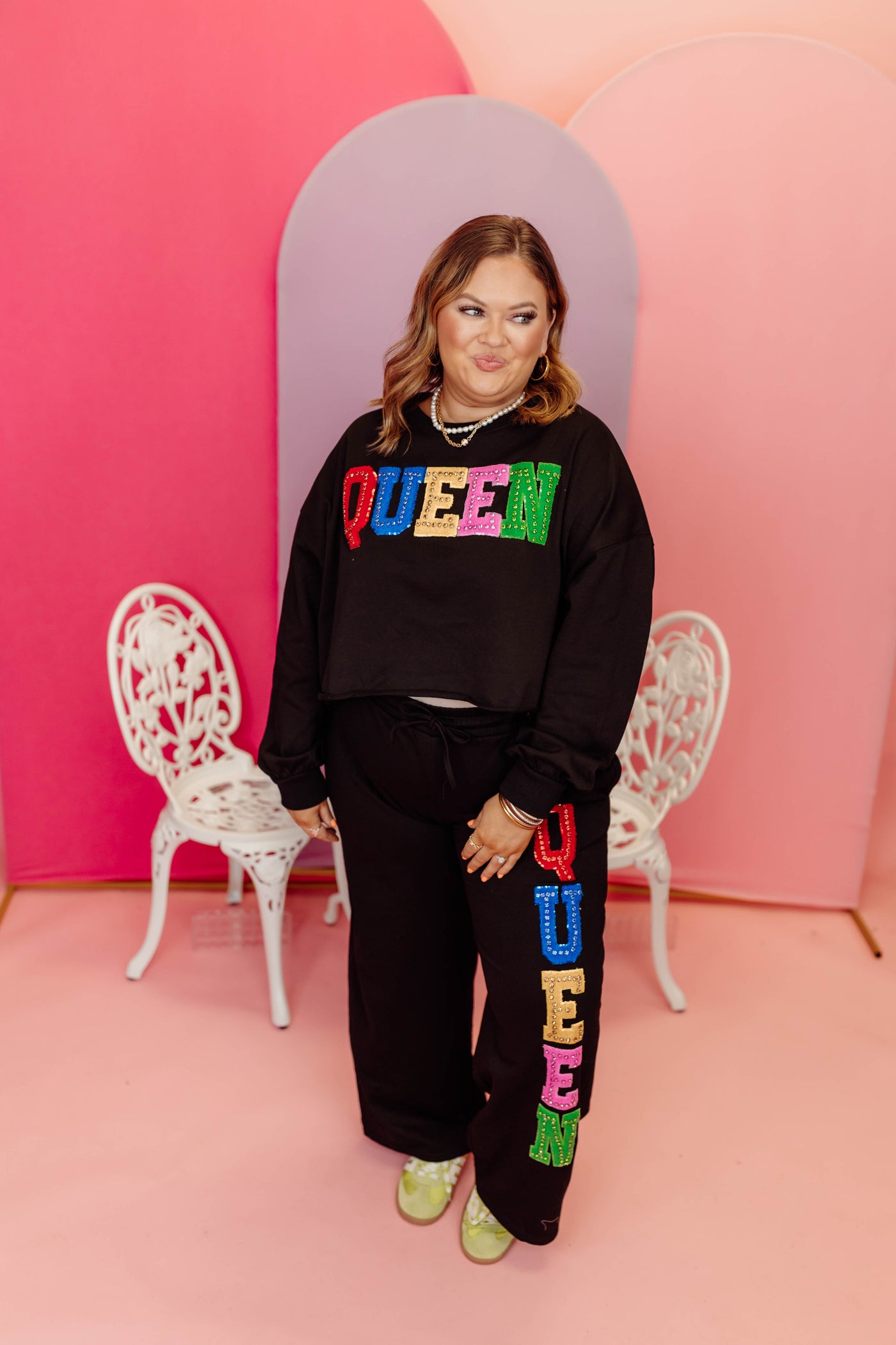 Black Multi Rhinestone Queen Sweatshirt and Pant Set