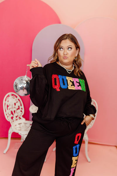 Black Multi Rhinestone Queen Sweatshirt and Pant Set