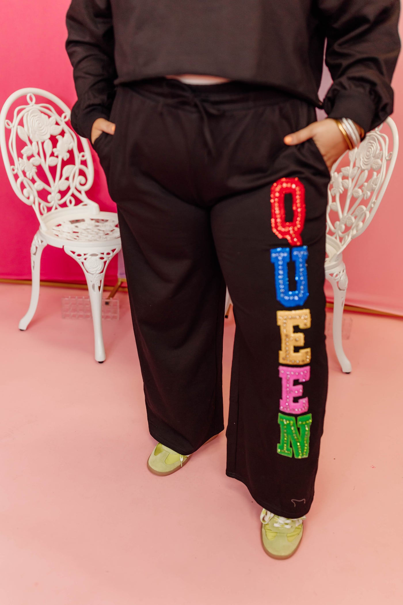 Black Multi Rhinestone Queen Sweatshirt and Pant Set