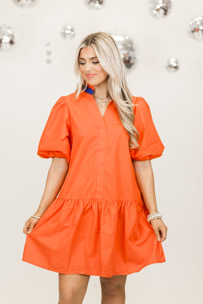 Orange Notch Neck Puff Sleeve Dress