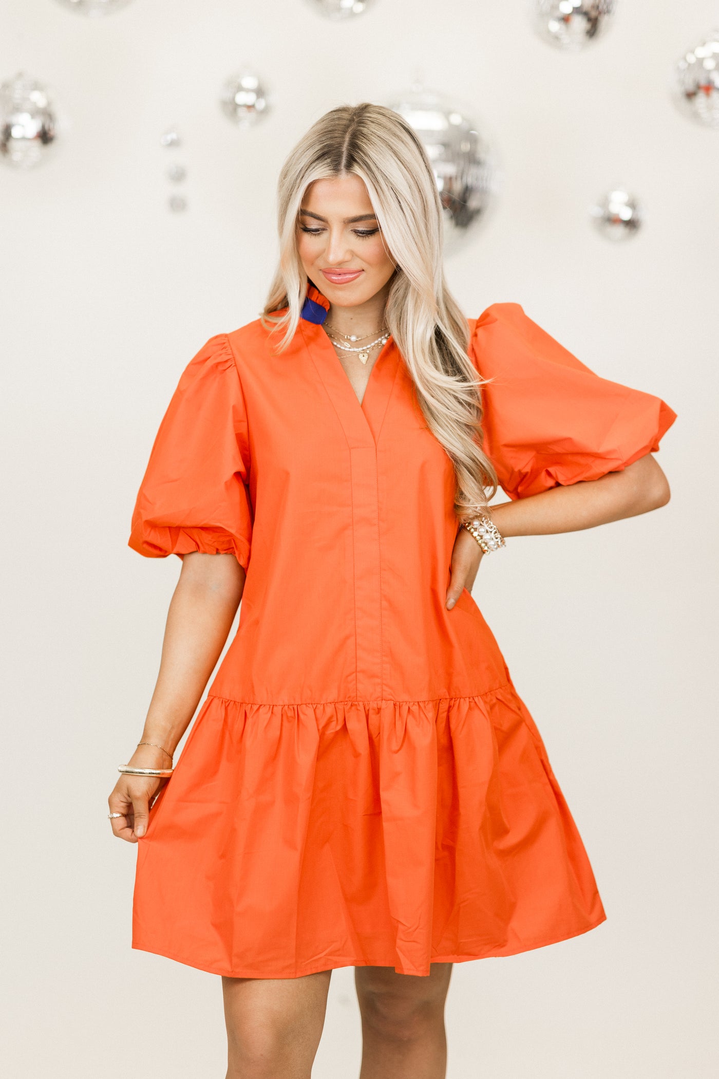 Orange Notch Neck Puff Sleeve Dress