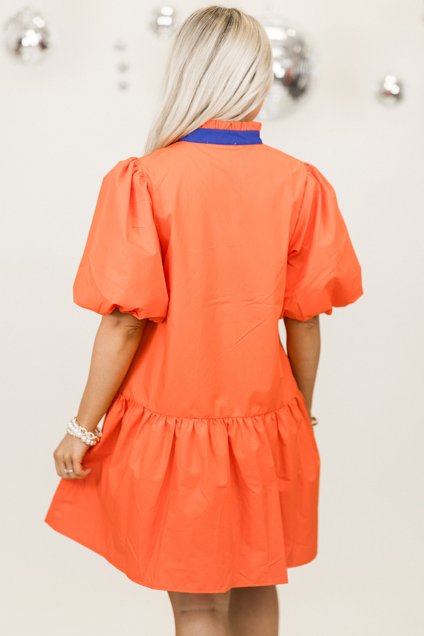 Orange Notch Neck Puff Sleeve Dress