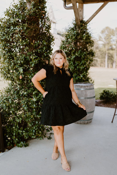 Black Floral Jacquard Tiered Tie Neck Dress