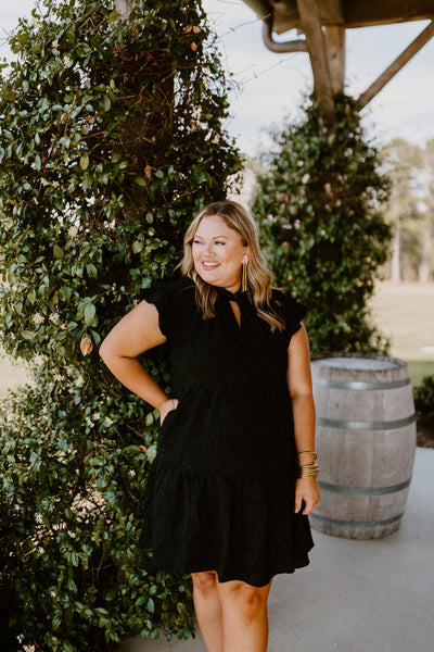 Black Floral Jacquard Tiered Tie Neck Dress