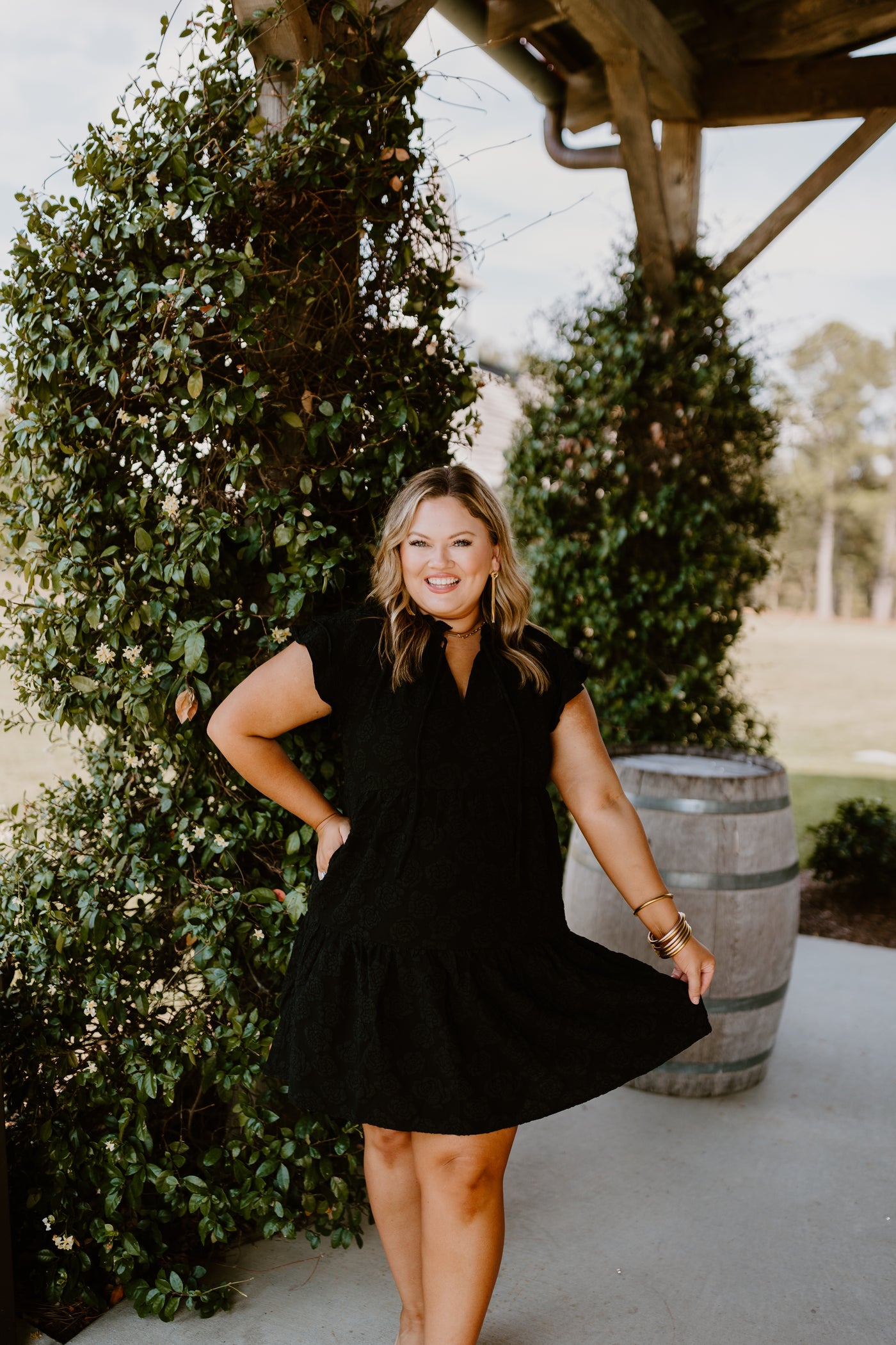 Black Floral Jacquard Tiered Tie Neck Dress