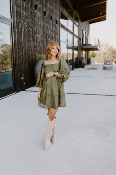 Olive Eyelet Square Neck Puff Sleeve Dress