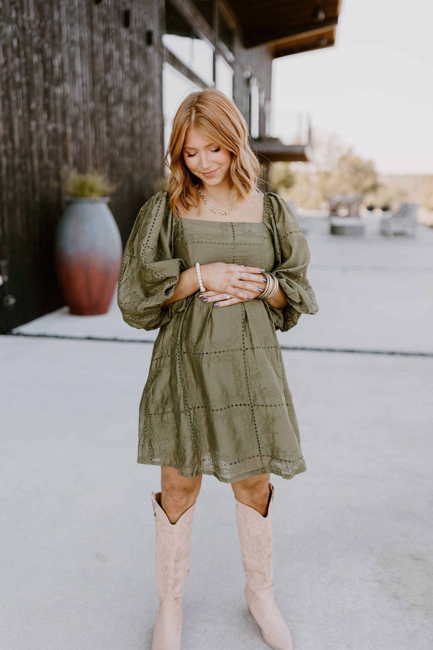 Olive Eyelet Square Neck Puff Sleeve Dress