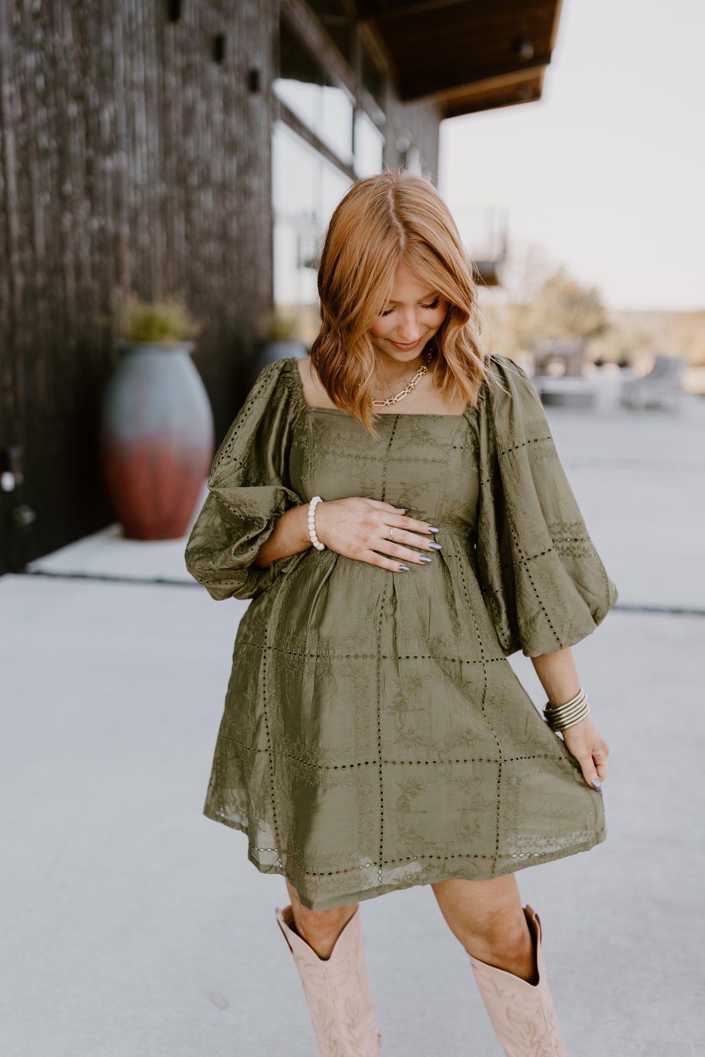 Olive Eyelet Square Neck Puff Sleeve Dress