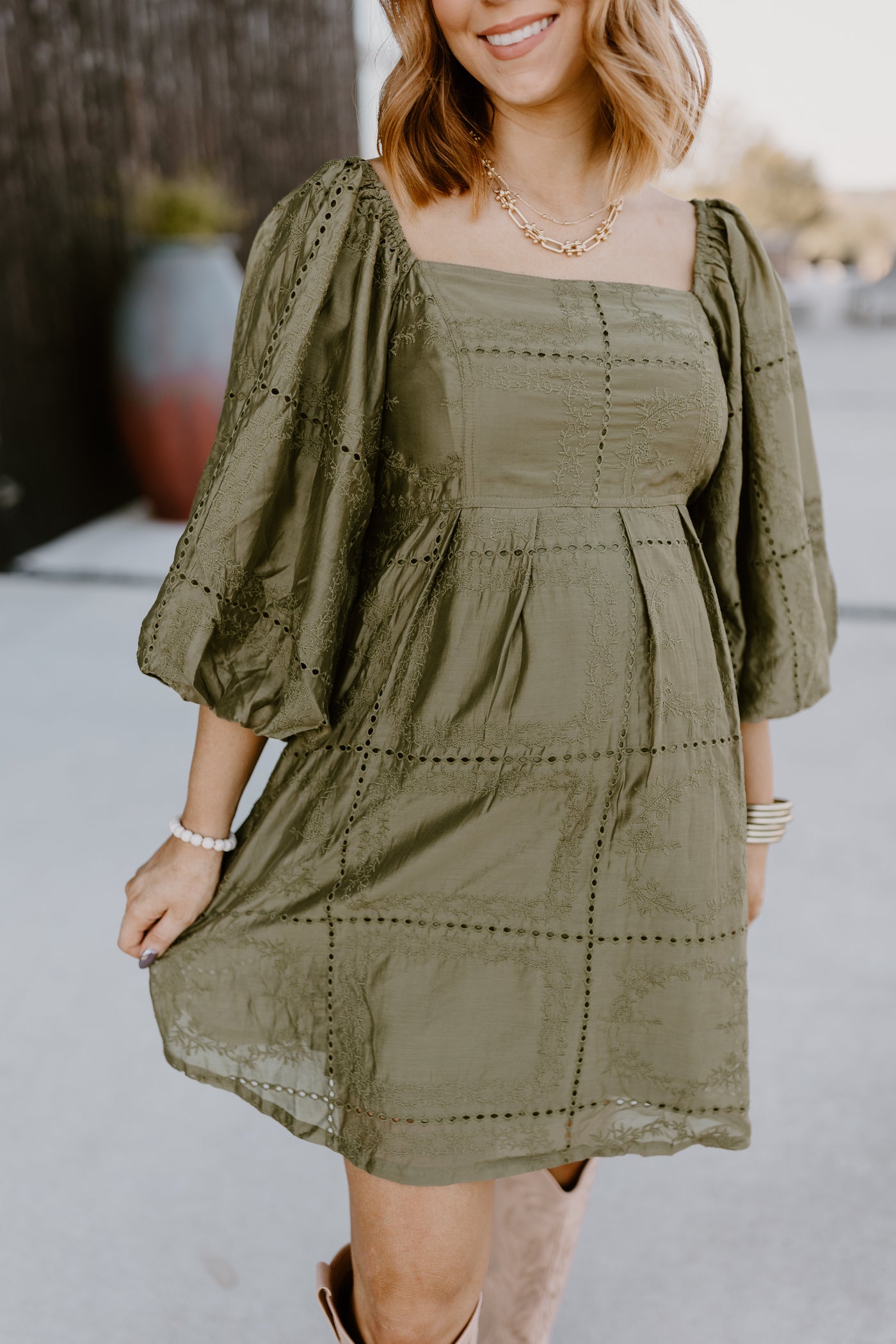 Olive Eyelet Square Neck Puff Sleeve Dress