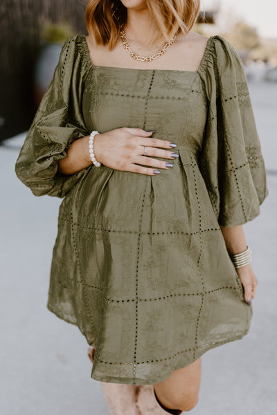 Olive Eyelet Square Neck Puff Sleeve Dress