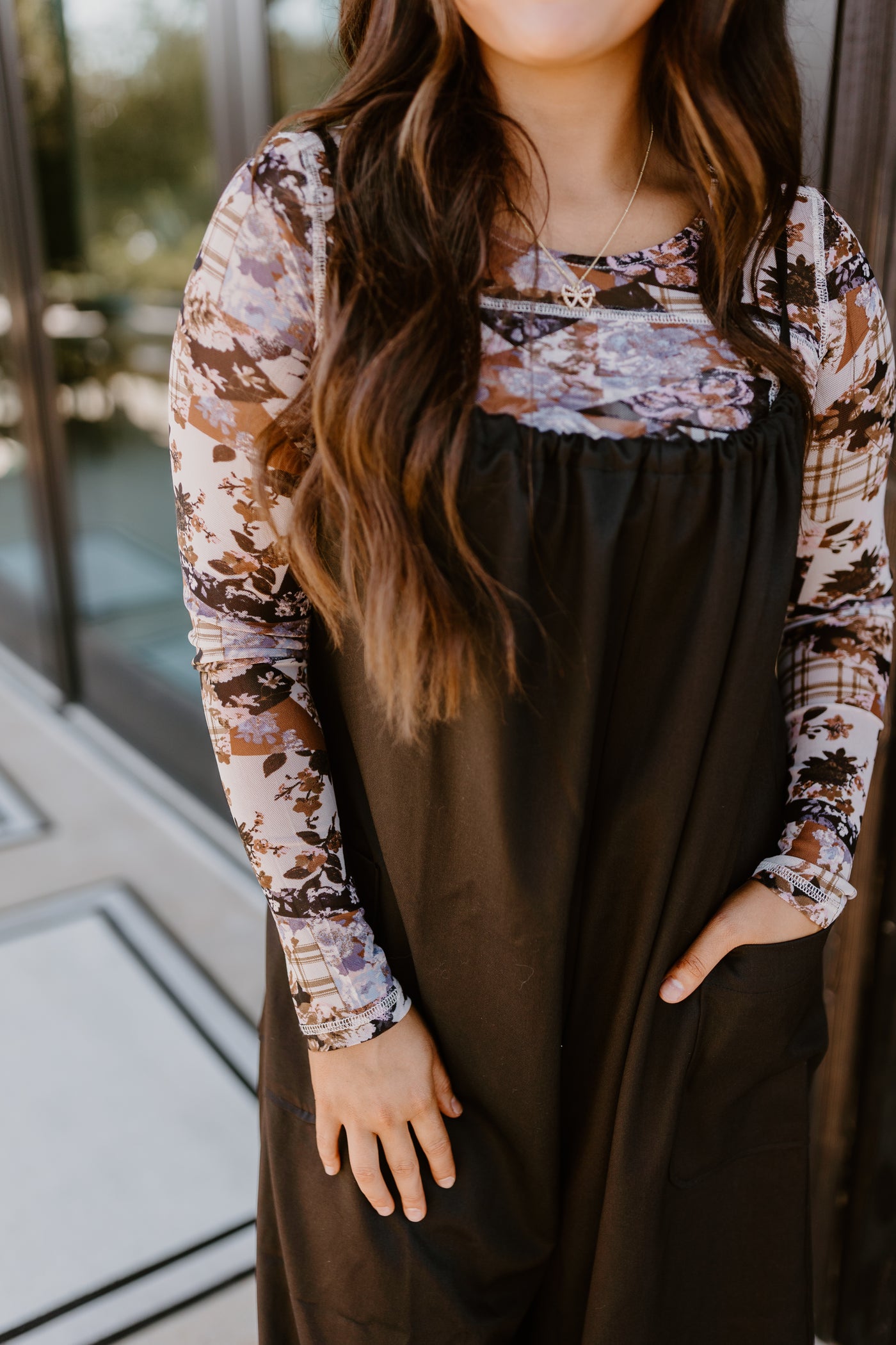 Cream Brown Floral Patchwork Mesh Fitted Long Sleeve Top