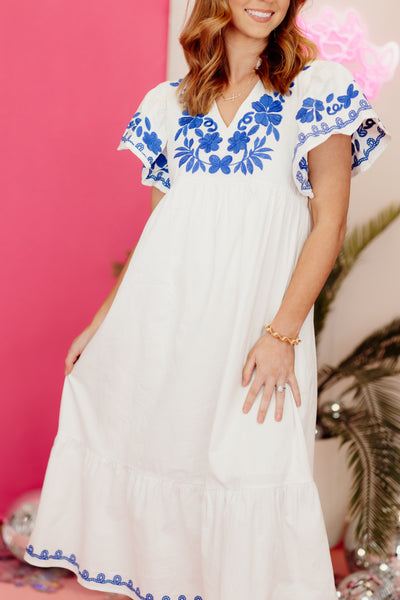 White Embroidered Detail V-Neck Dress