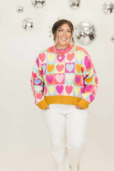 Pink Multi Mock Neck Heart Sweater