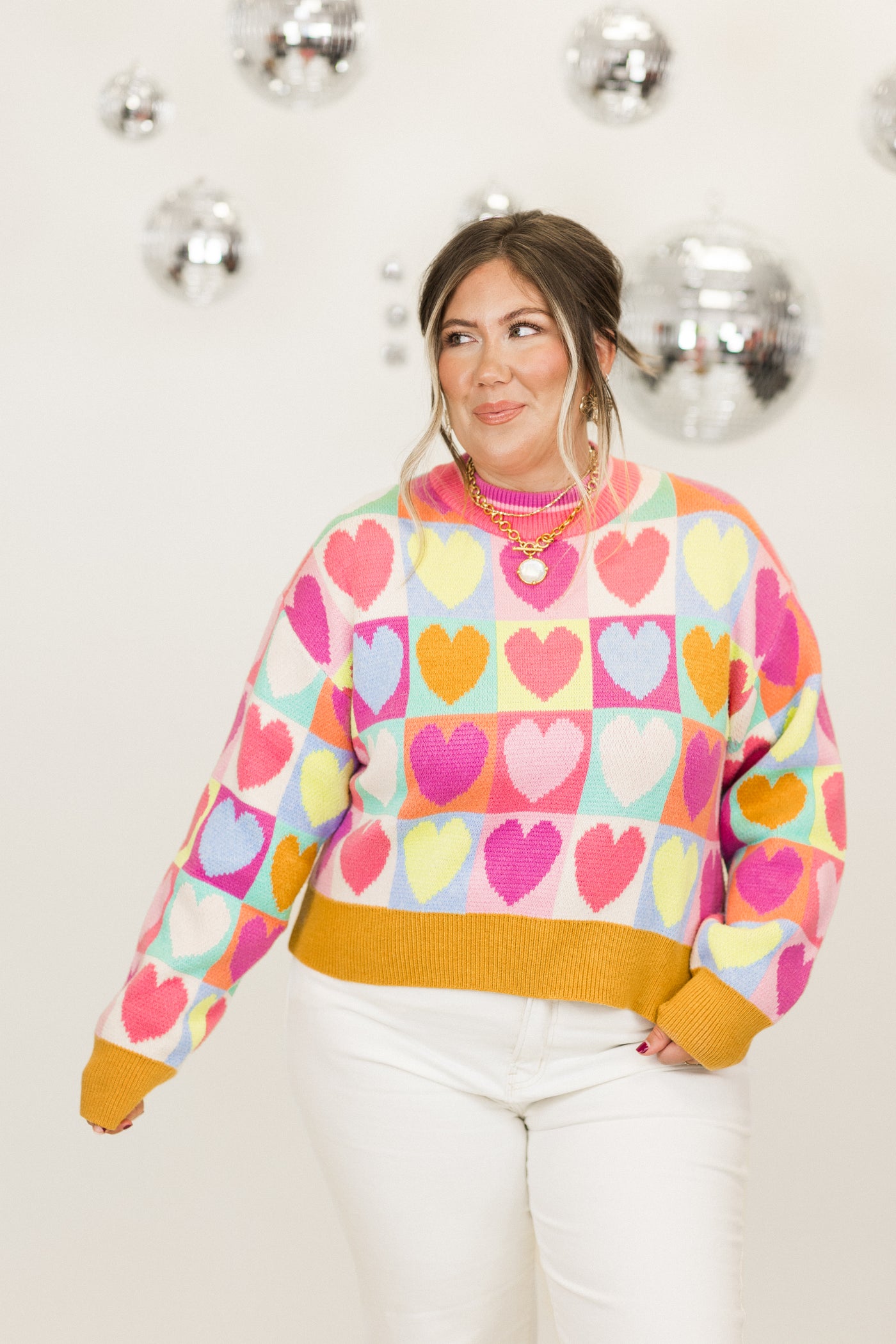 Pink Multi Mock Neck Heart Sweater