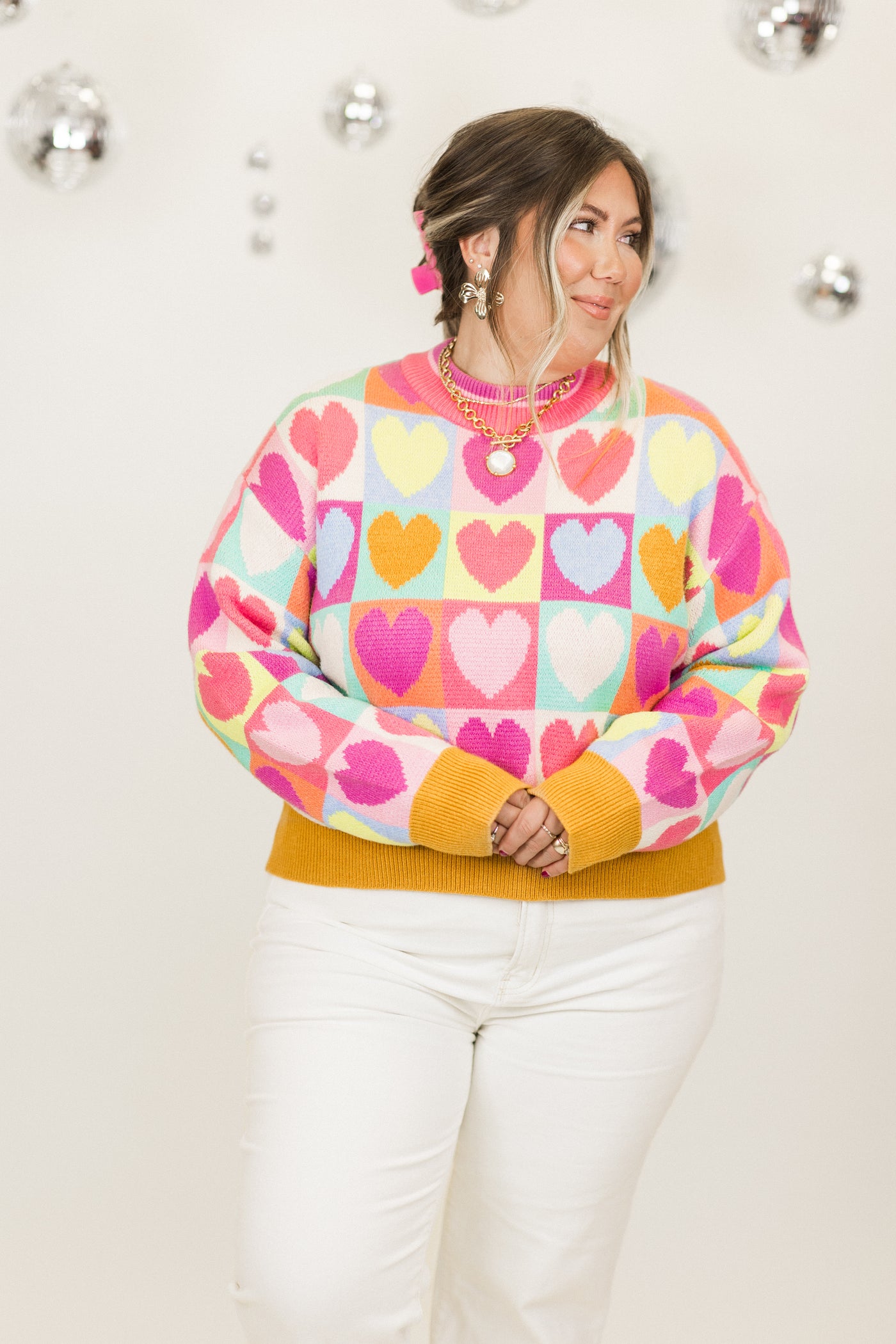 Pink Multi Mock Neck Heart Sweater