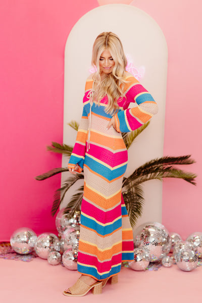 Fuchsia Multi Striped Long Sleeve Crochet Maxi Dress