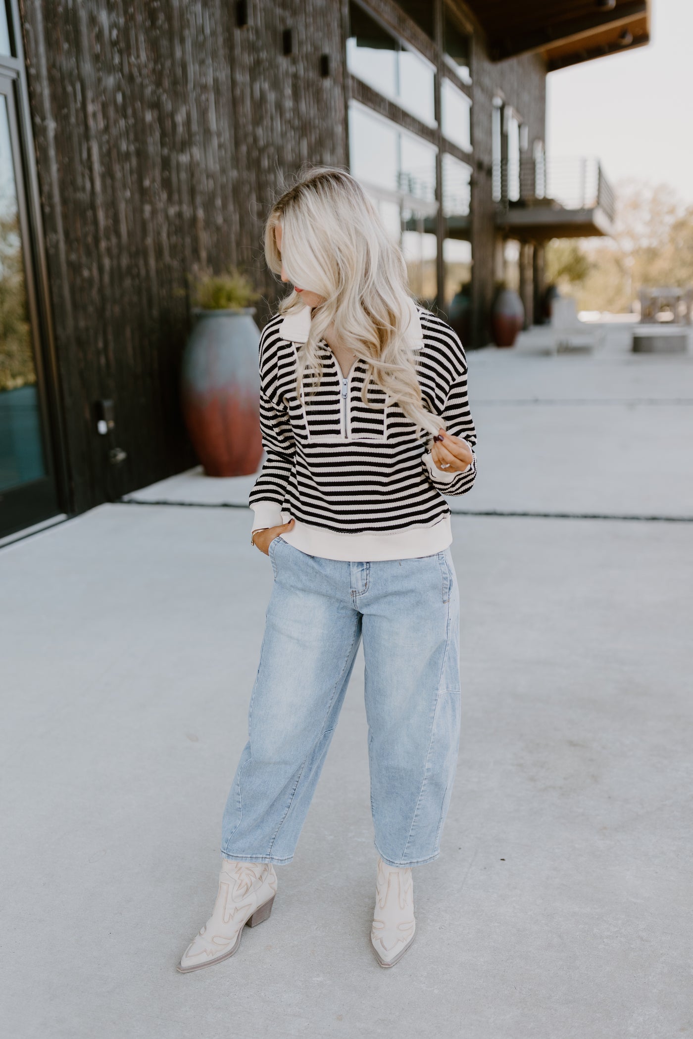 Black Striped Contrast Half Zip Pullover