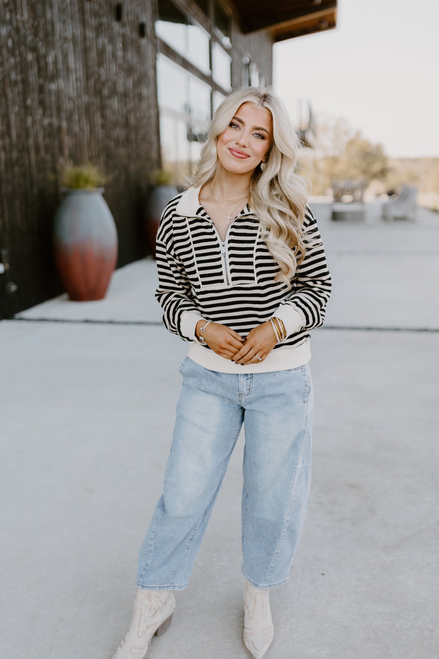 Black Striped Contrast Half Zip Pullover