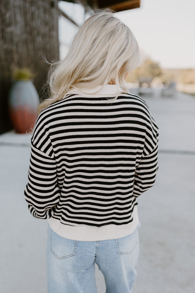 Black Striped Contrast Half Zip Pullover