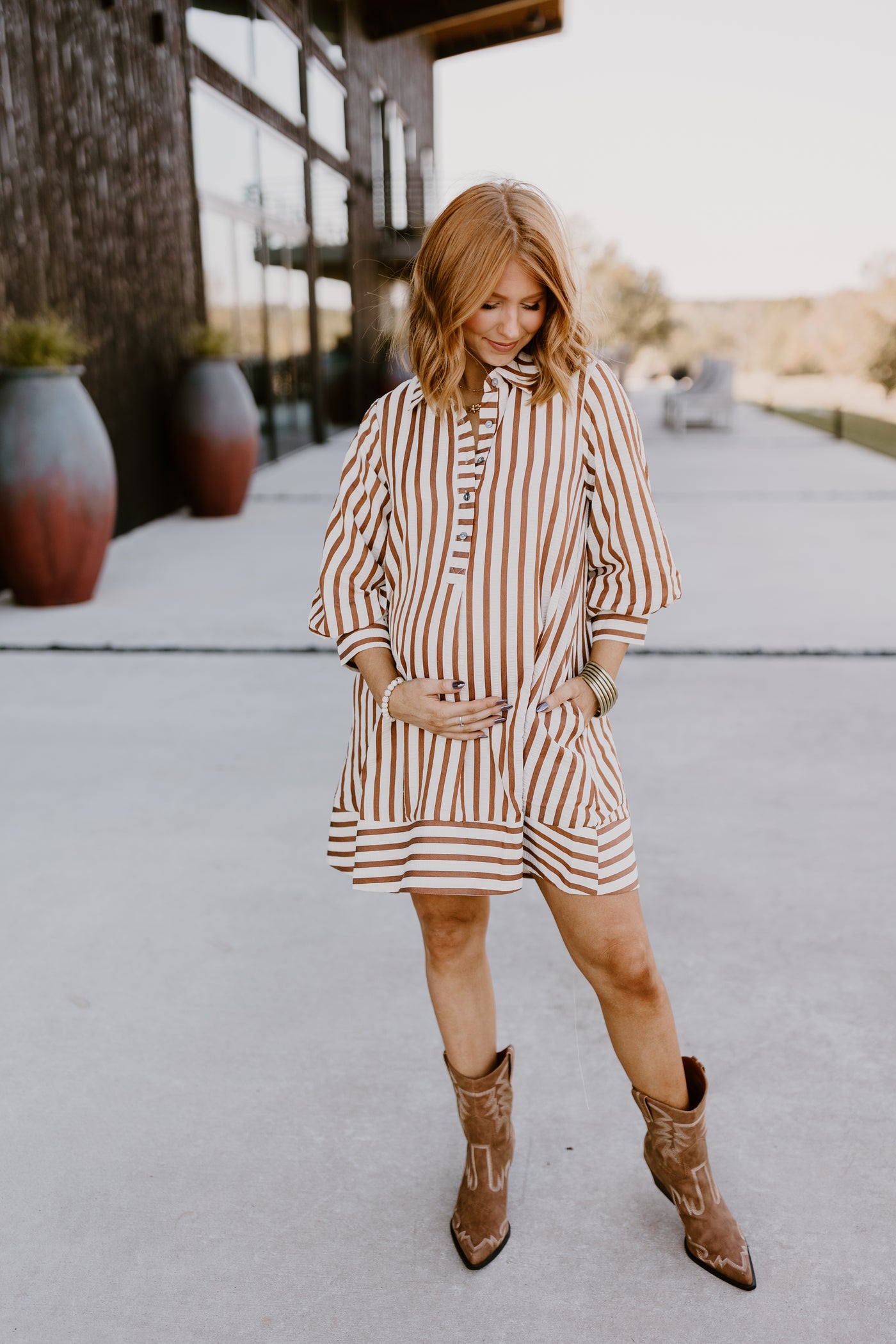 Brown Striped Seersucker Half Button Dress