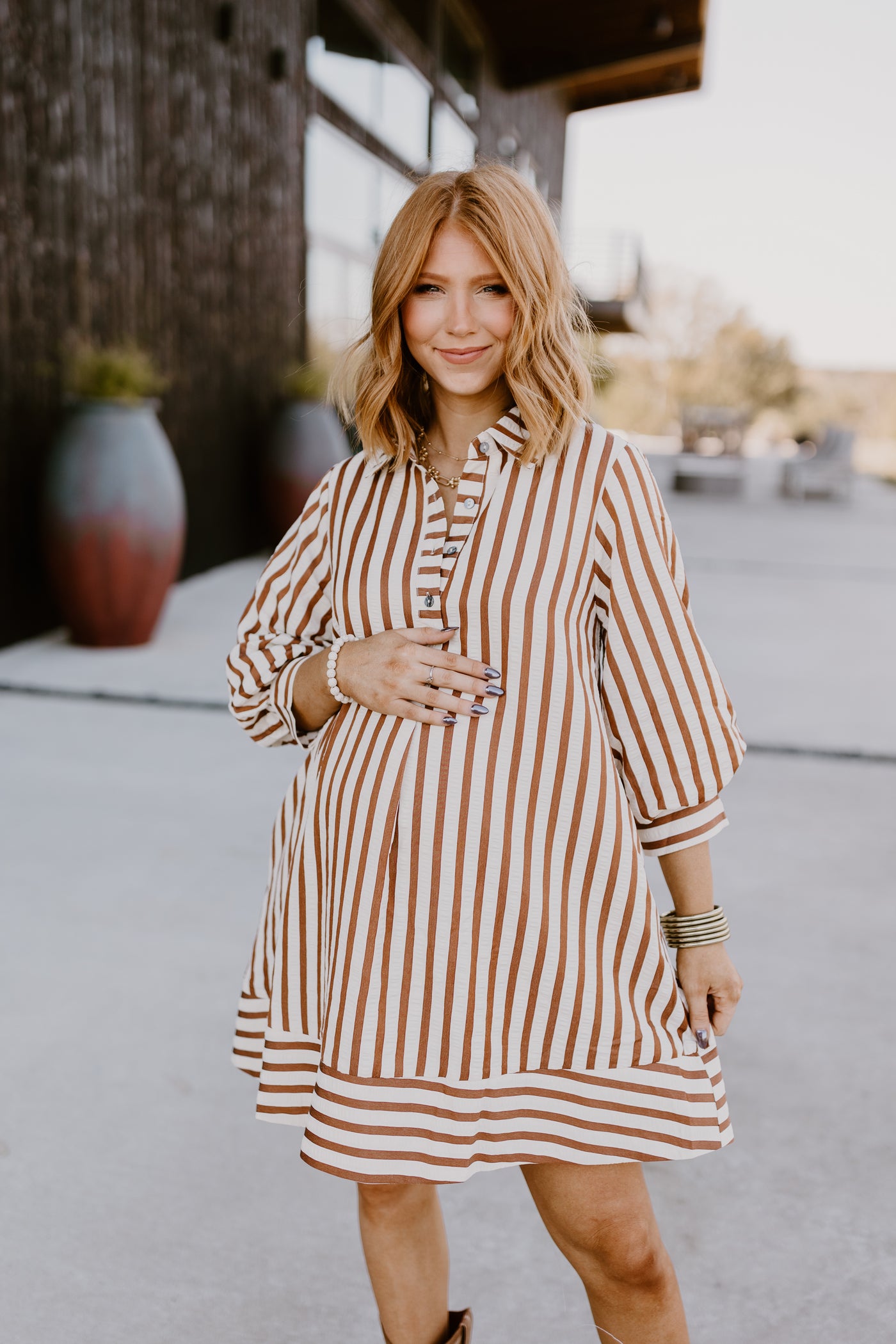 Brown Striped Seersucker Half Button Dress