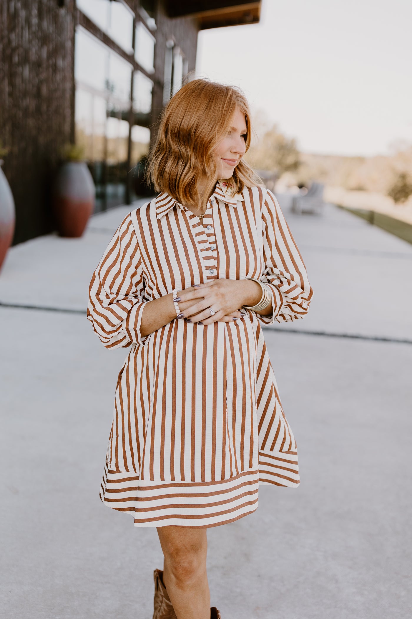 Brown Striped Seersucker Half Button Dress