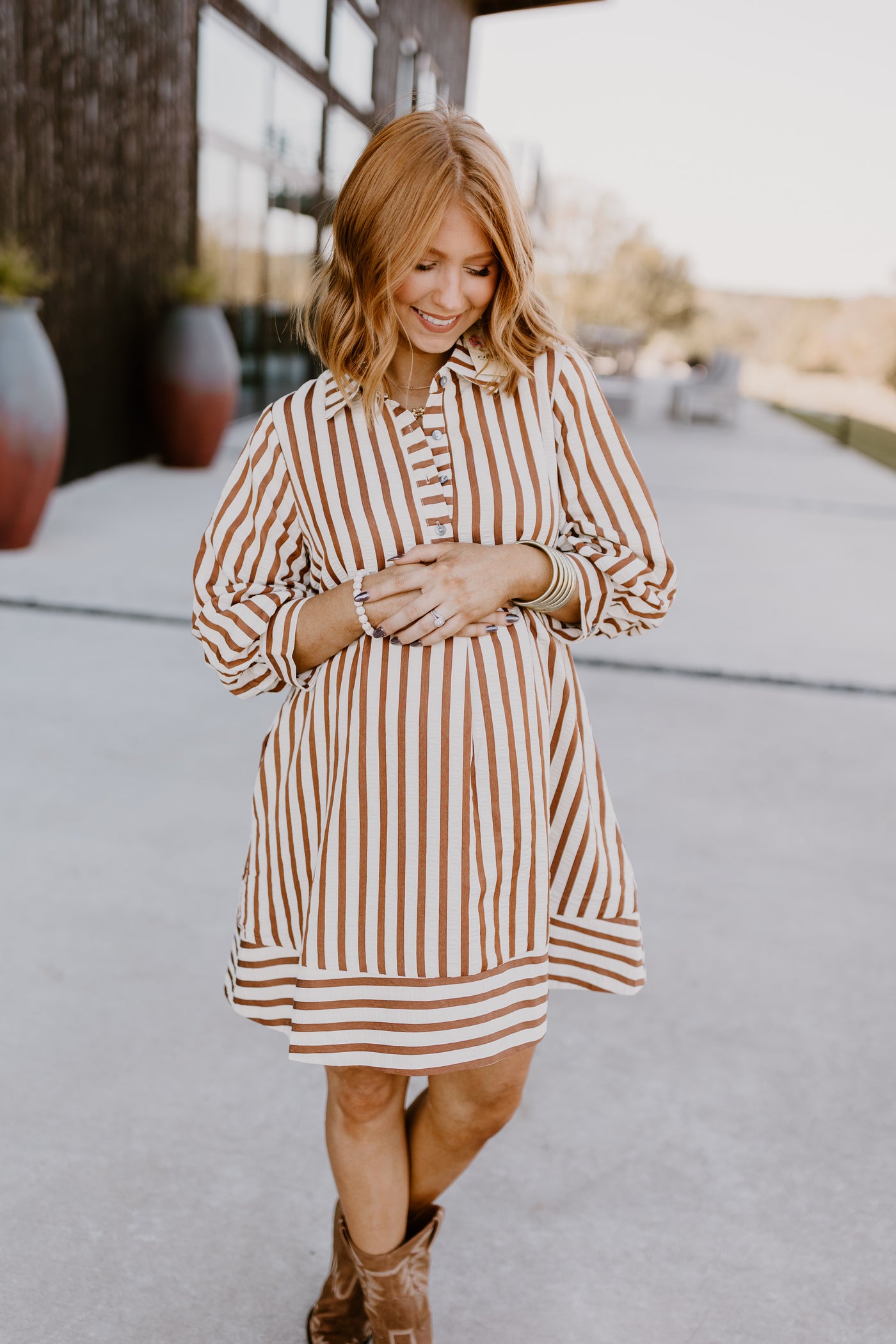 Brown Striped Seersucker Half Button Dress