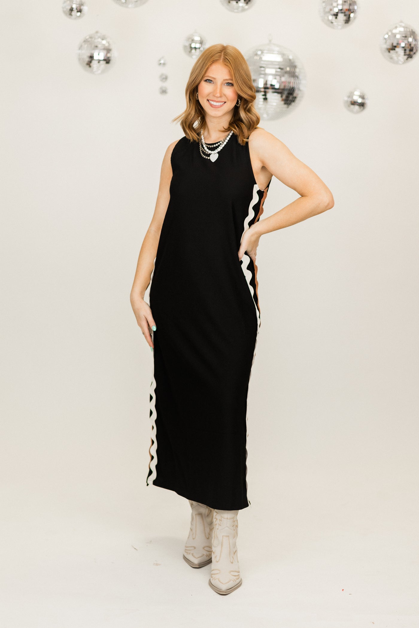 Black Ric Rac Trim Ribbed Sleeveless Midi Dress